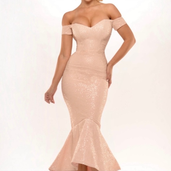 Light pink Portia & Scarlett off shoulder matte sequin midi / floor length dress - Picture 5 of 9